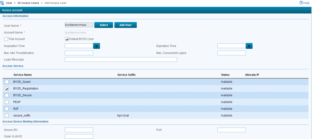 iMC UAM BYOD Add Default User