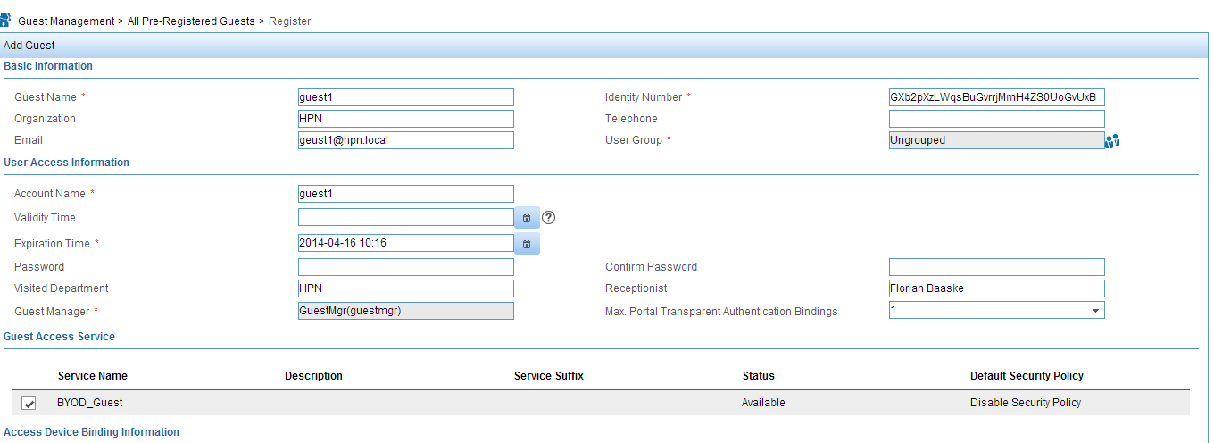 iMC UAM BYOD Register Guest