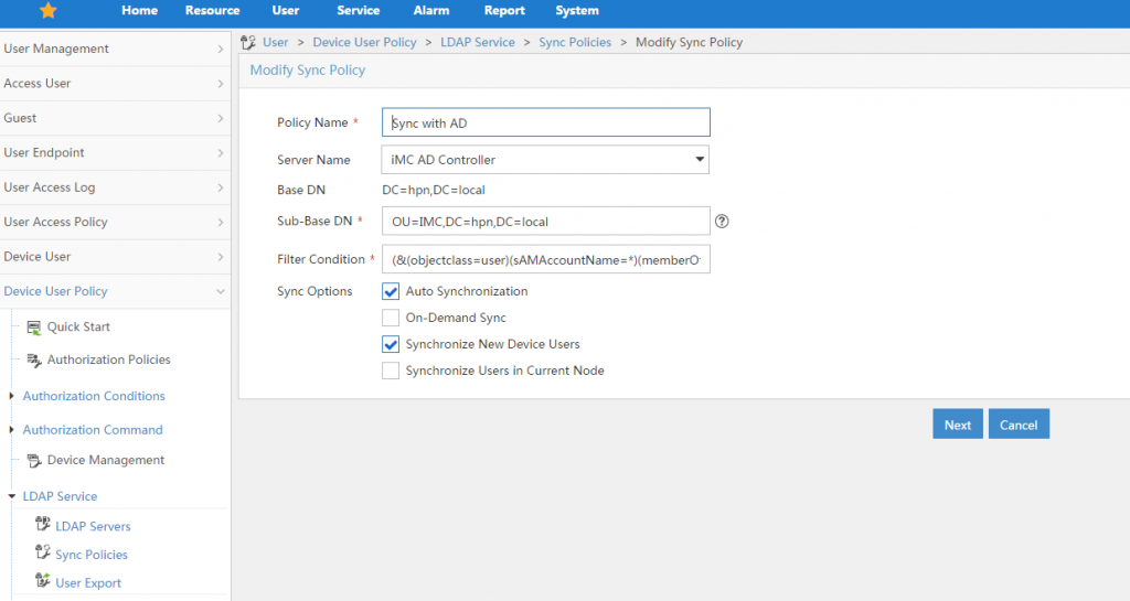 iMC-Tacacs-Add-Sync-Policy