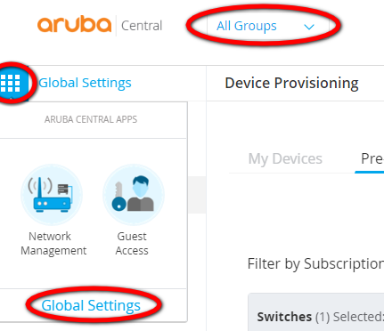 Aruba Central Provisioning Global Settings