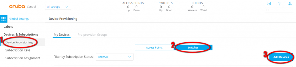 Aruba Central Provisioning Add Switch