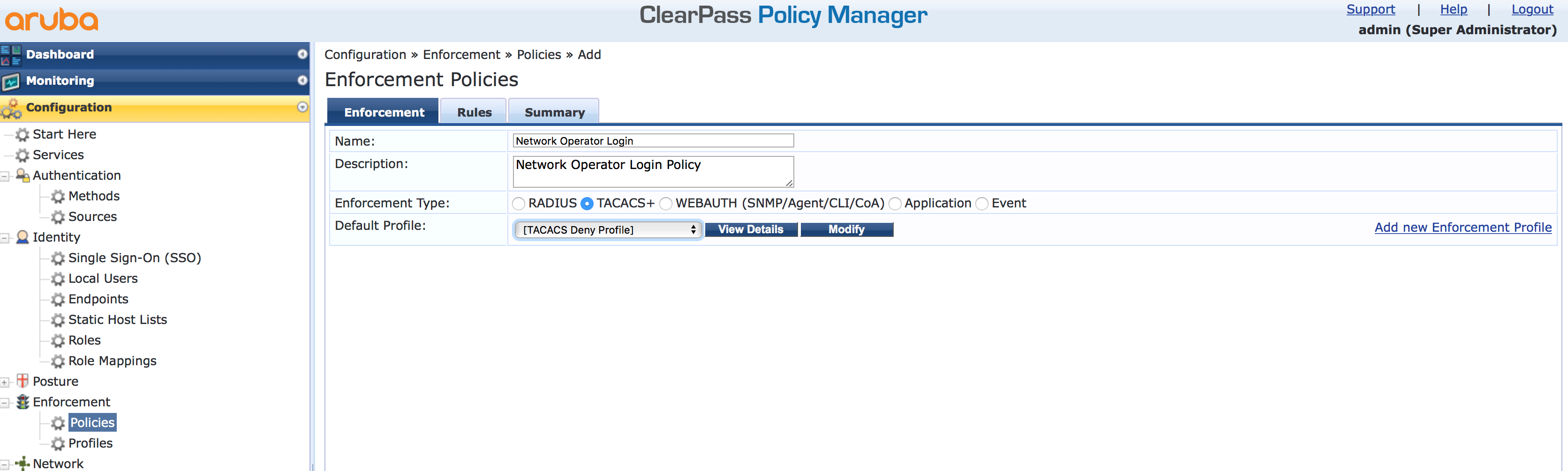 Operator Login - ClearPass add Policy