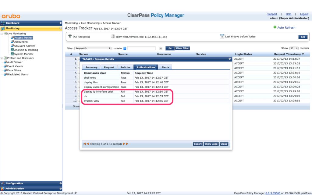 Operator Command Authorization and Accounting - ClearPass Monitoring