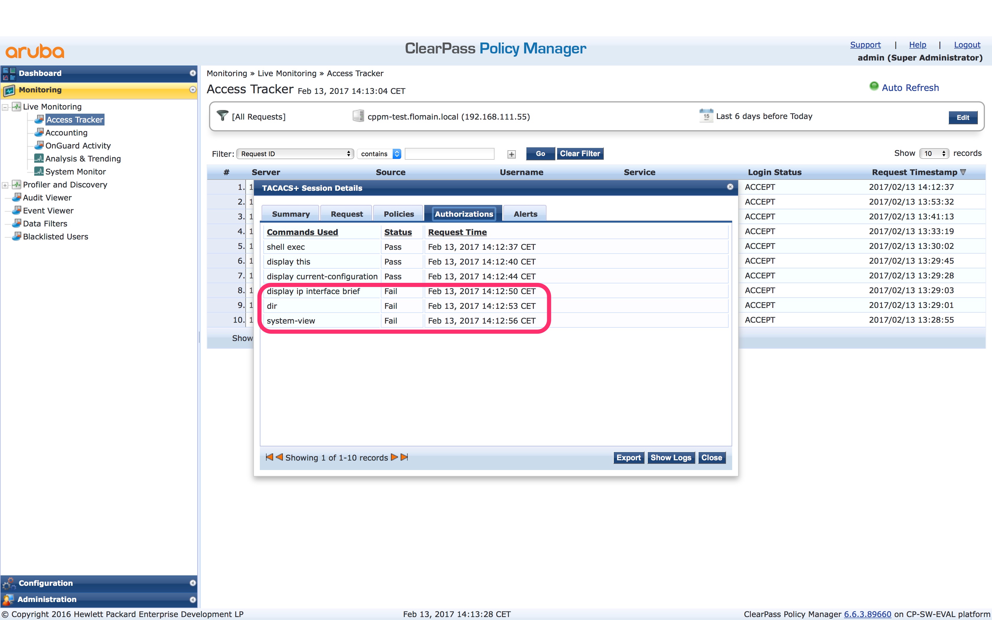 Operator Command Authorization and Accounting with ClearPass TACACS+