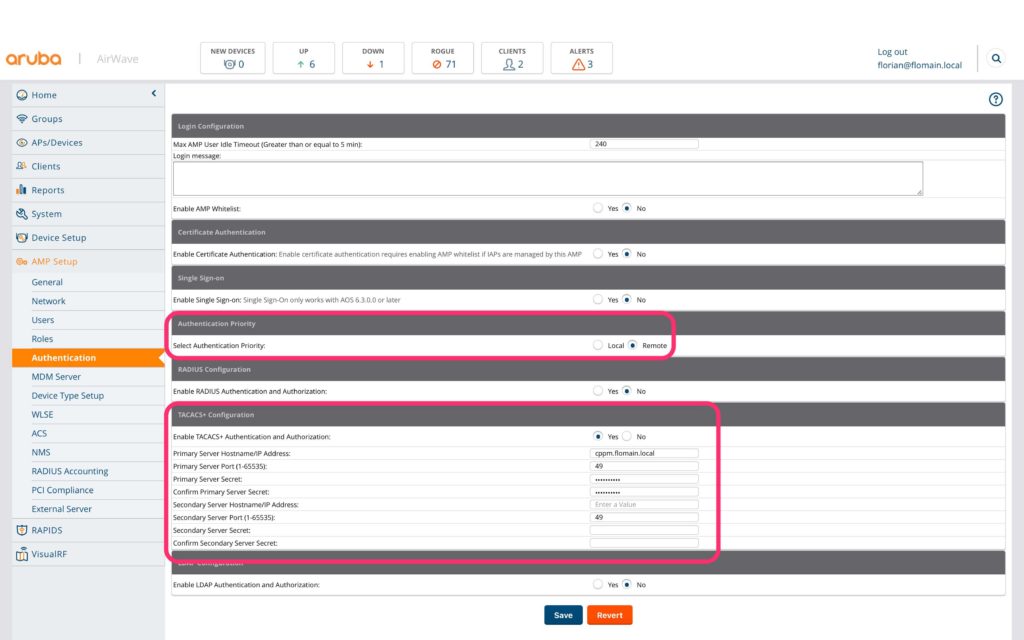 Operator Login - AirWave Enable TACACS+ Authentication