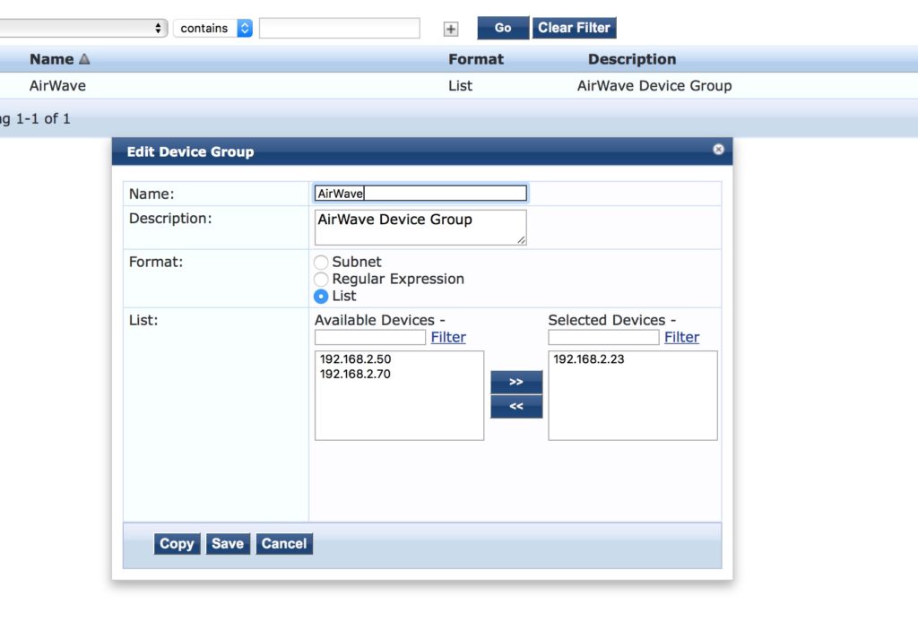 Operator Login - ClearPass Add AirWave Device Group