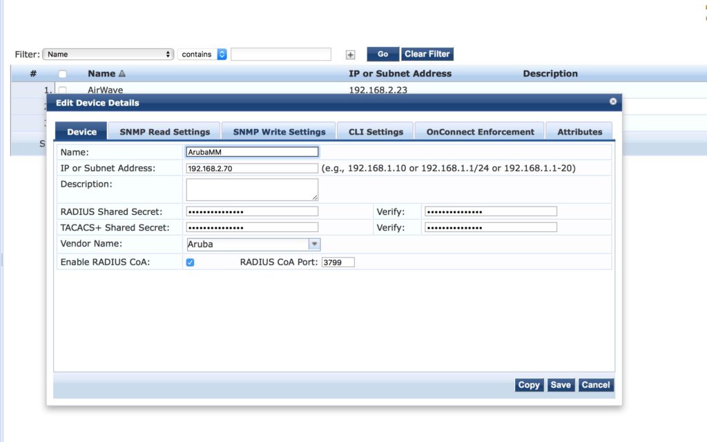 Operator Login - ClearPass Add ArubaOS Controller