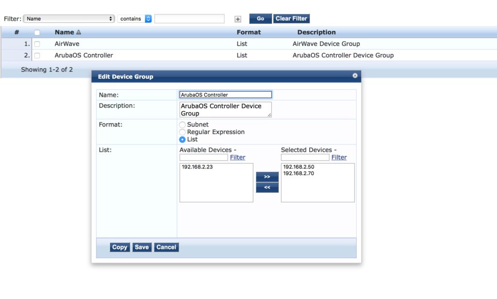 Operator Login - ClearPass Add ArubaOS Device Group for Controller