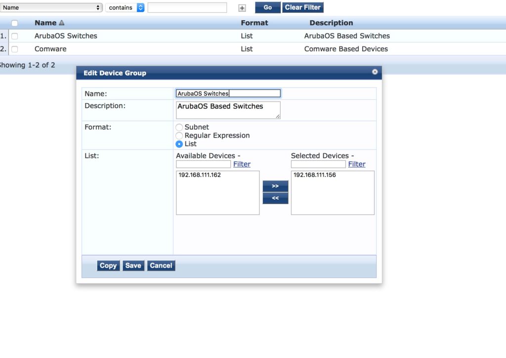 Operator Login - ClearPass Add ArubaOS Switch Device Group