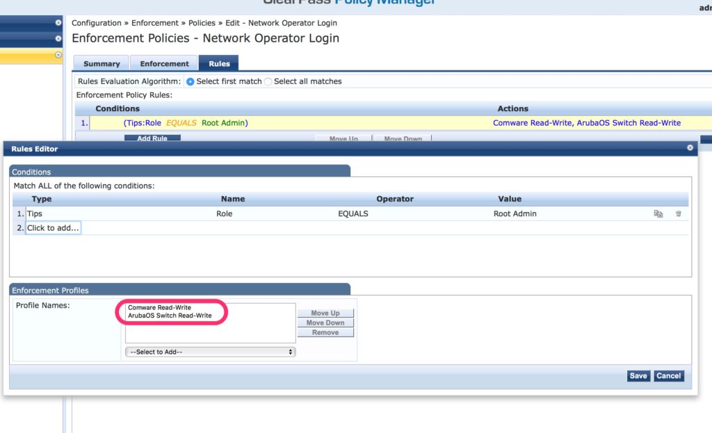 Operator Login - ClearPass Add ArubaOS Switch Policy