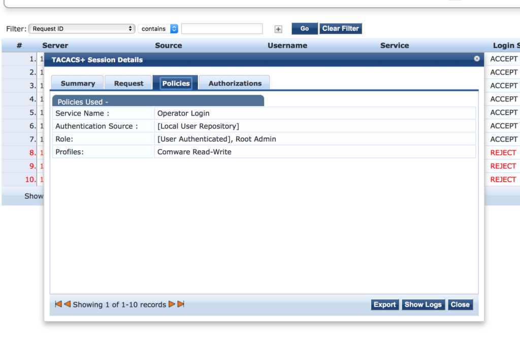 Operator Login - ClearPass Monitorng TACACS+ Request