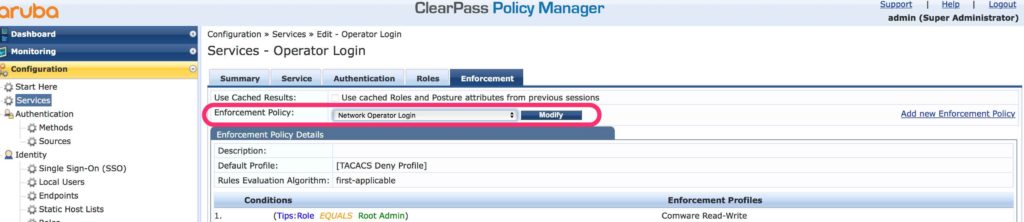 Operator Login - ClearPass Service add Enforcement Policy