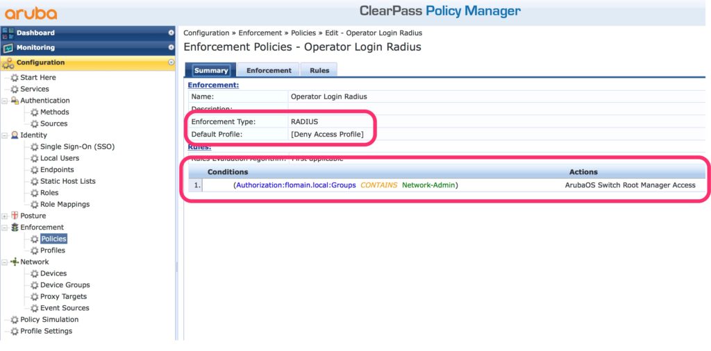 Operator Login with Radius - Add Enforcement Policy