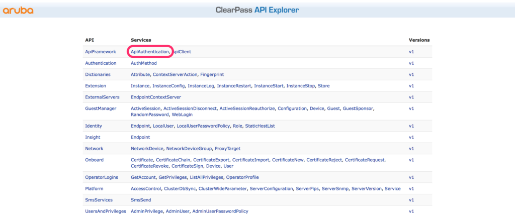 ClearPass RestAPI - API Explorer Authentication