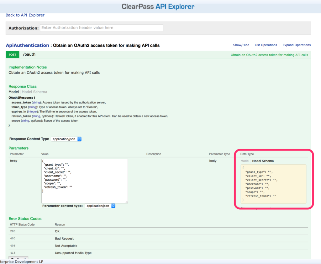 ClearPass RestAPI - API Explorer Authentication OAUTH