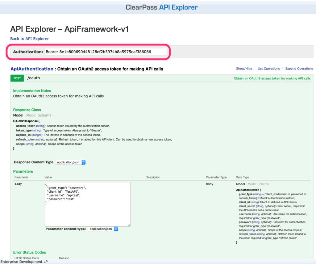 ClearPass RestAPI - API Explorer Authentication Token