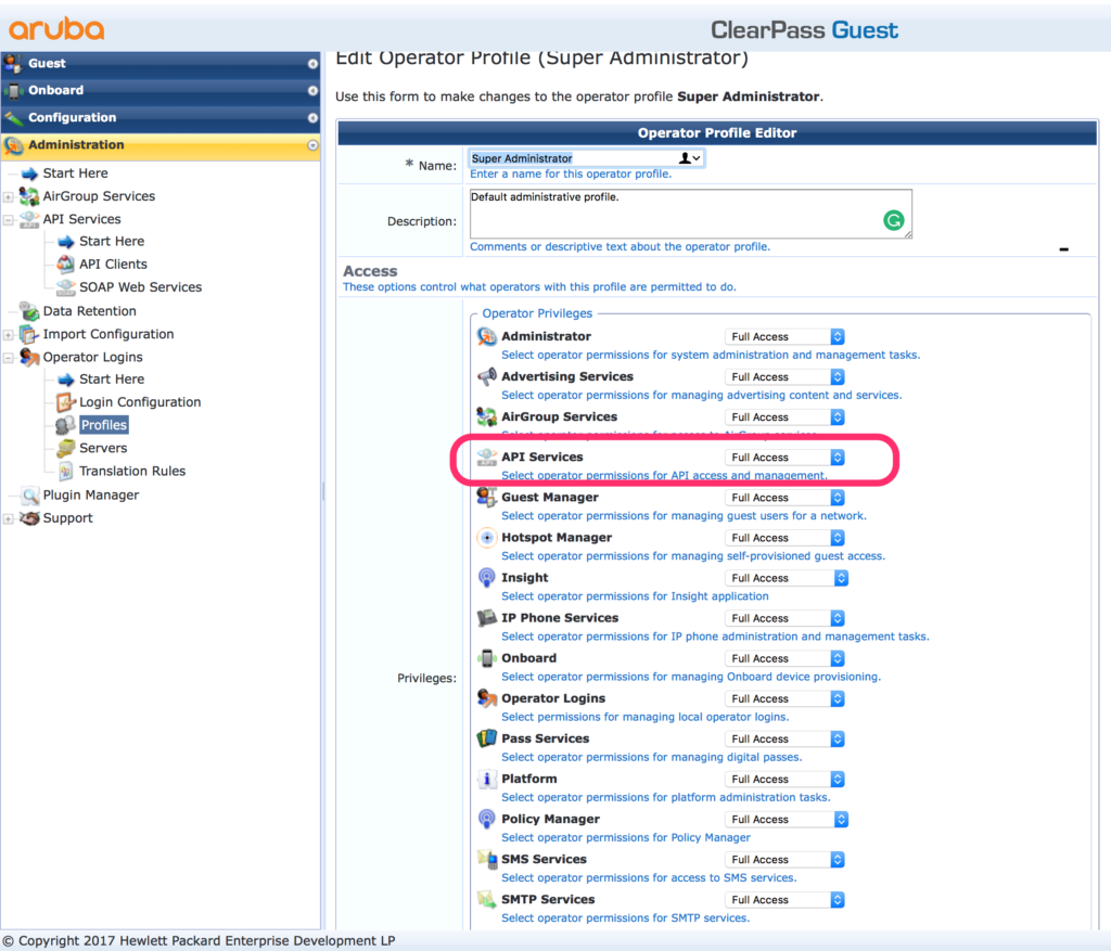 ClearPass RestAPI - Create Rest API Client Profile Access Rights