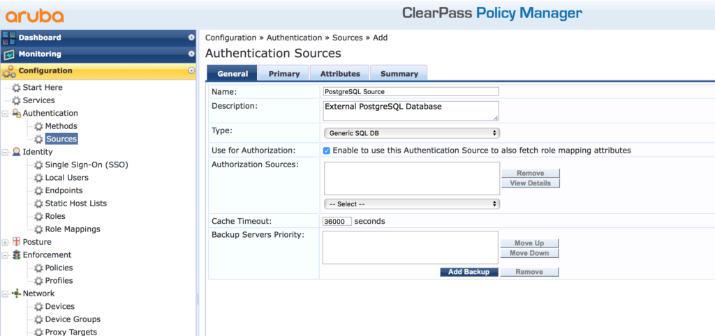 External SQL Authentication Source - Add Authentication Source General