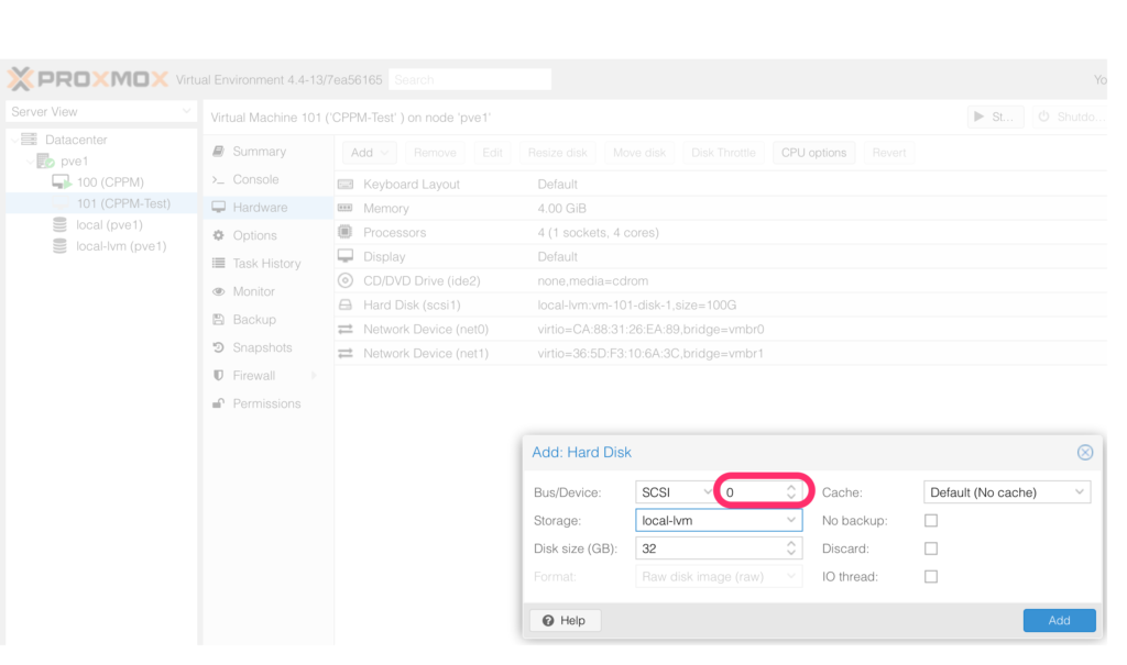 Install ClearPass on Proxmox - Add Additional Hard Disk