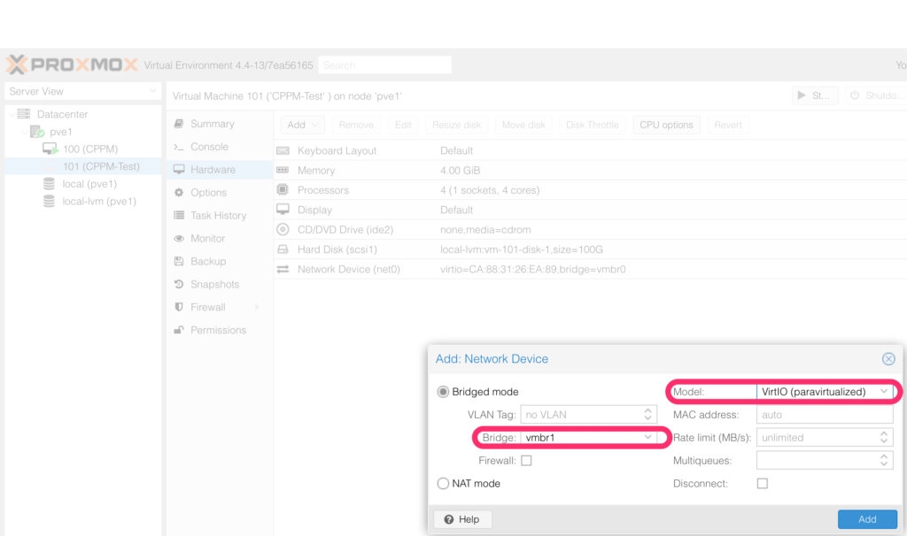 Install ClearPass on Proxmox - Add Additional Network Device