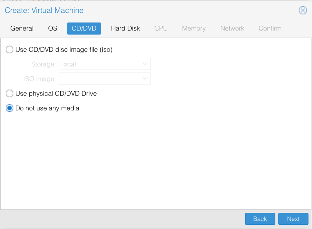 Install ClearPass on Proxmox - Create new VM CD/DVD