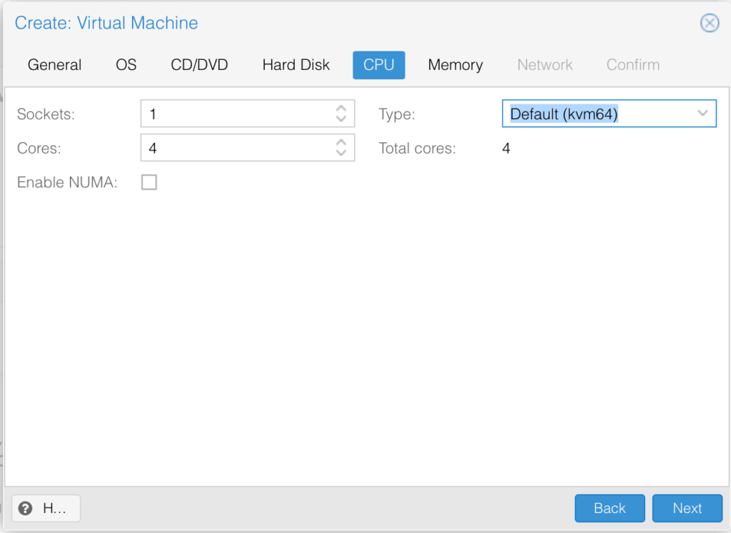 Install ClearPass on Proxmox - Create new VM CPU