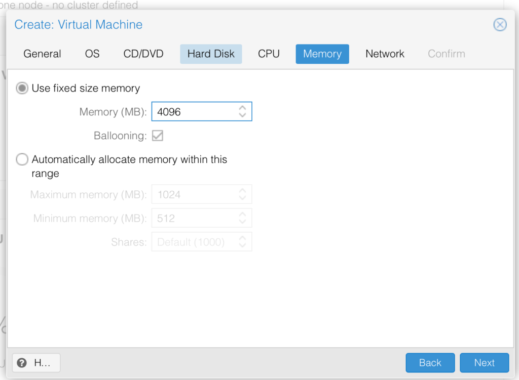 Install ClearPass on Proxmox - Create new VM Memory