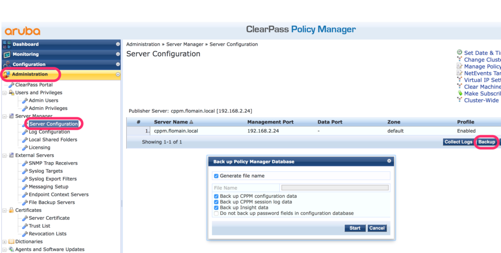 Migrate ClearPass - Create Backup of old Server