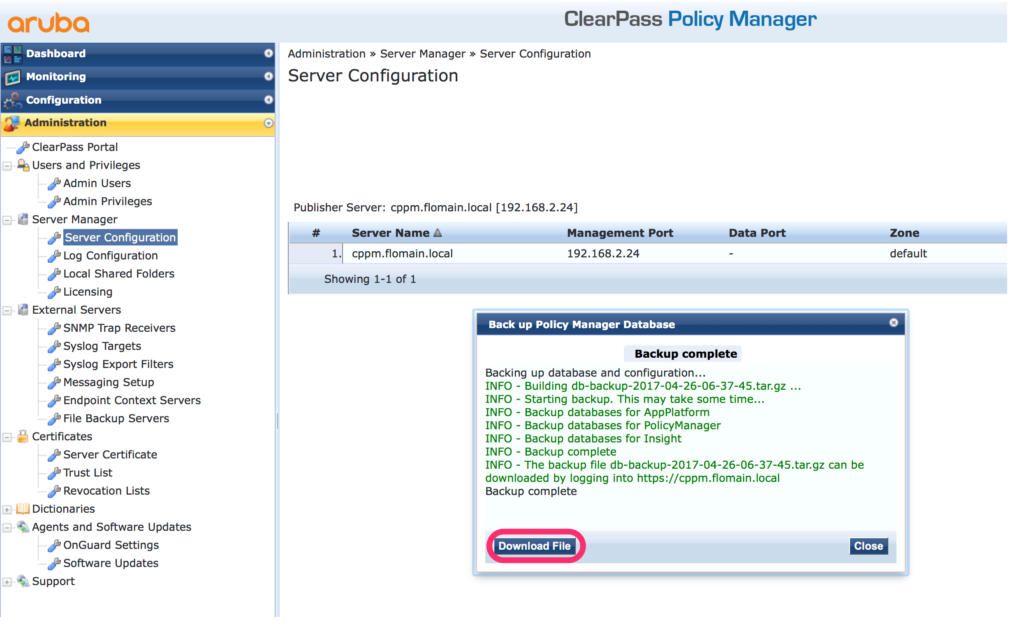 Migrate ClearPass - Download Backup of old Server