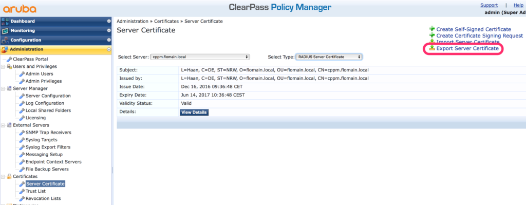 Migrate ClearPass - Export Server Certificates