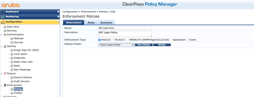 iMC Operator Login - Add Enforcement Policy