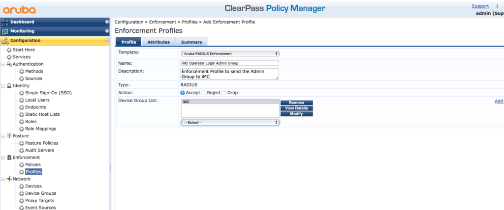 iMC Operator Login - Add Enforcement Profile