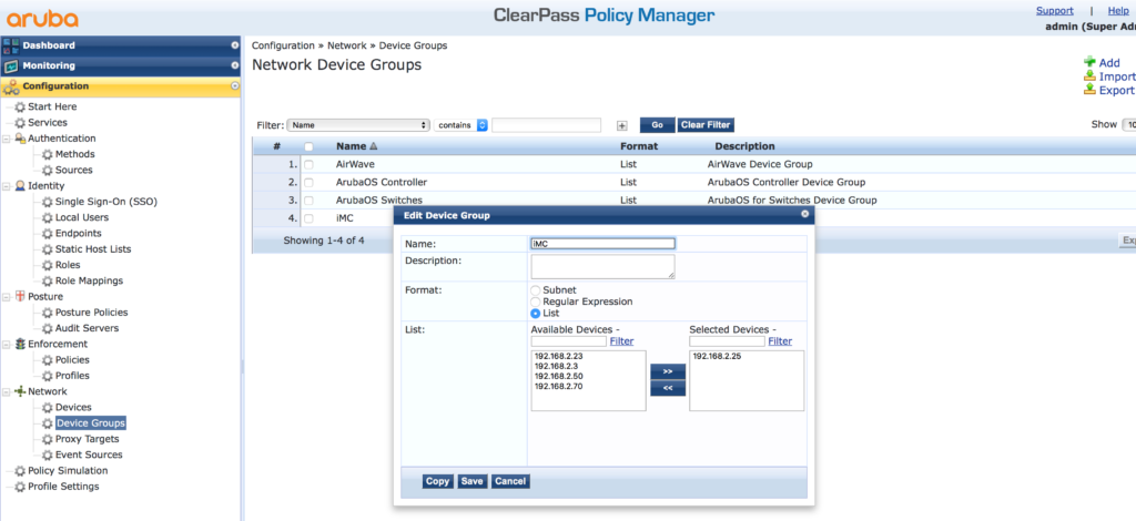 iMC Operator Login - Add iMC to ClearPass Devie Group