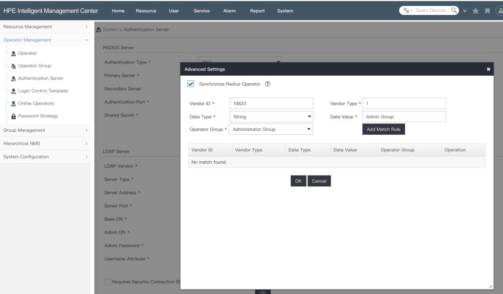 iMC Operator Login - Configure Radius Server  Advanced Settings in iMC