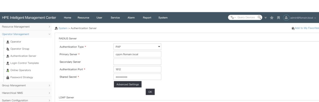 iMC Operator Login - Configure Radius Server in iMC