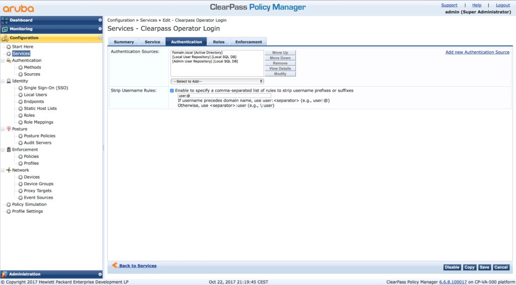 Clearpass Operator Login - Authentication