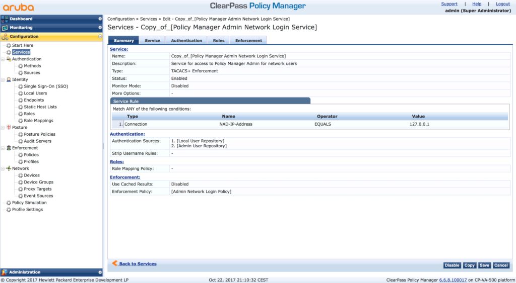 Clearpass Operator Login - Copy of Policy Manager Admin Network Login Service