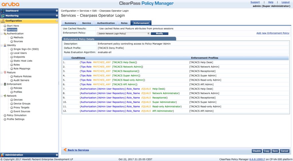 Clearpass Operator Login - Enforcement