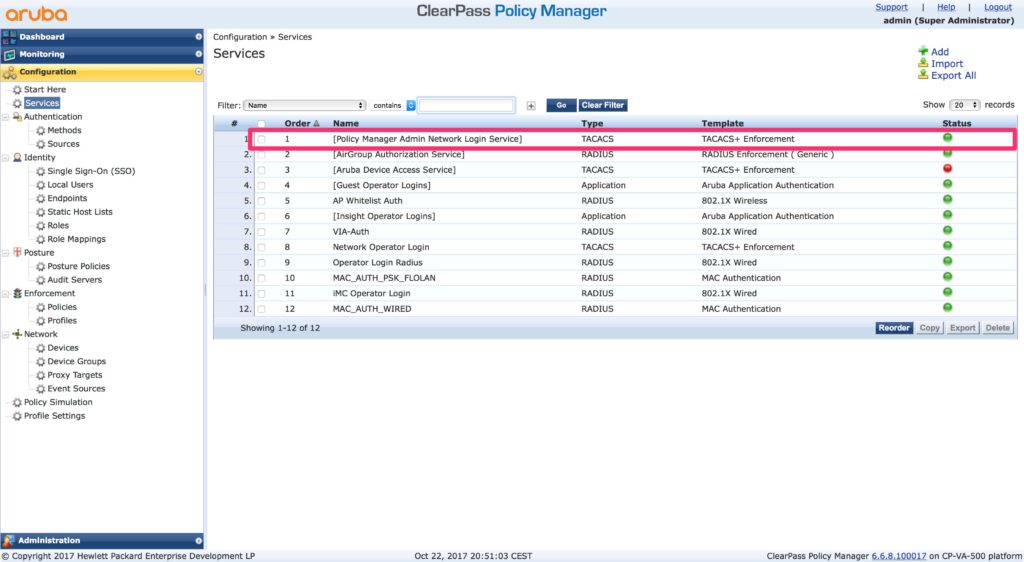 Clearpass Operator Login - Policy Manager Admin Network Login Service