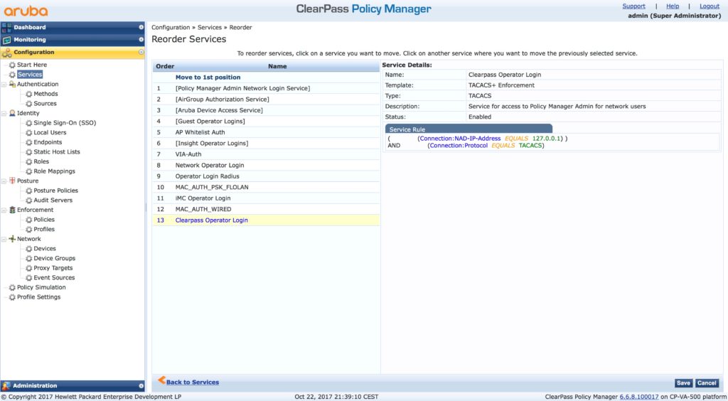 Clearpass Operator Login - Reorder Services List