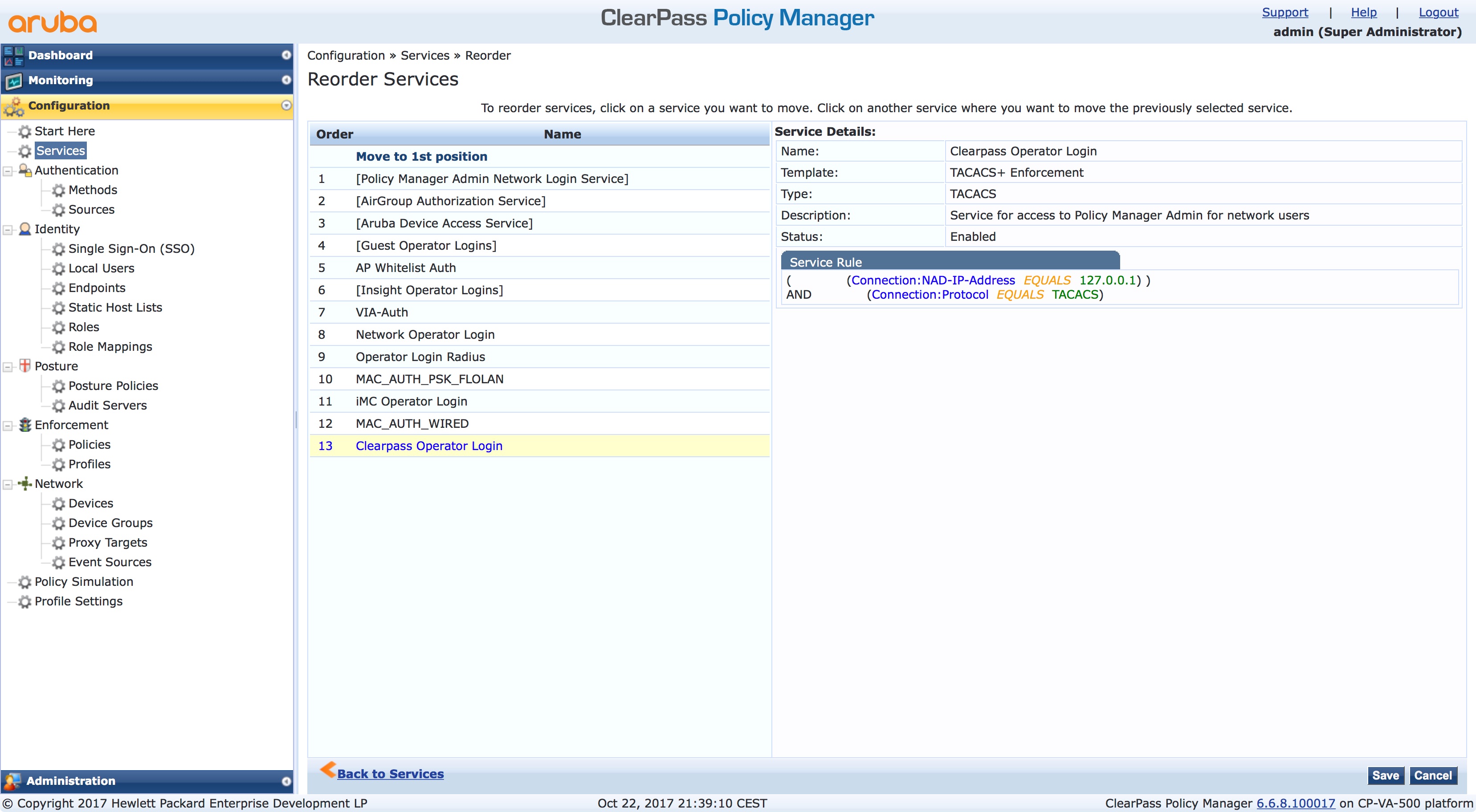 clearpass operator login reorder services list flomain networking reorder list