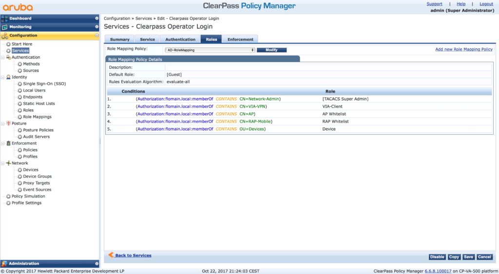 Clearpass Operator Login - Roles