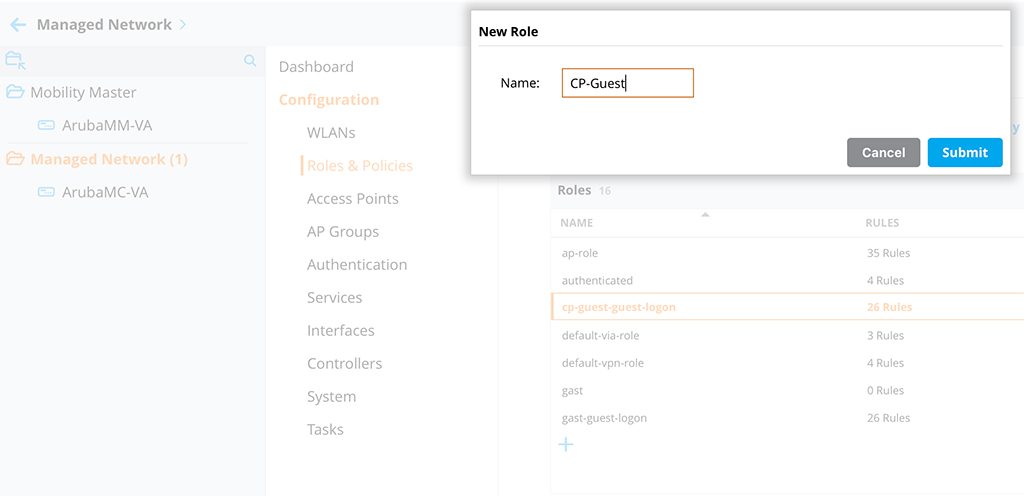 Captive Portal without PEFNG - Create Role