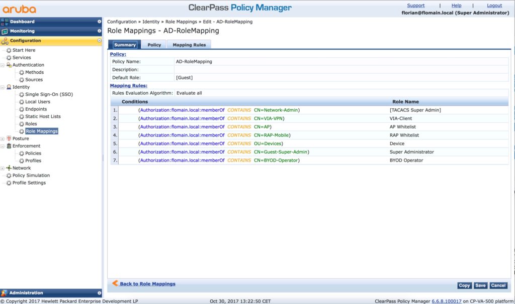 ClearPass Guest Operator Login - ClearPass Role Mapping