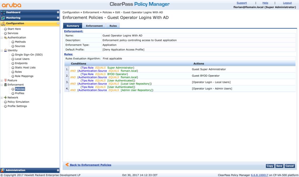 ClearPass Guest Operator Login - Enforcement Policy