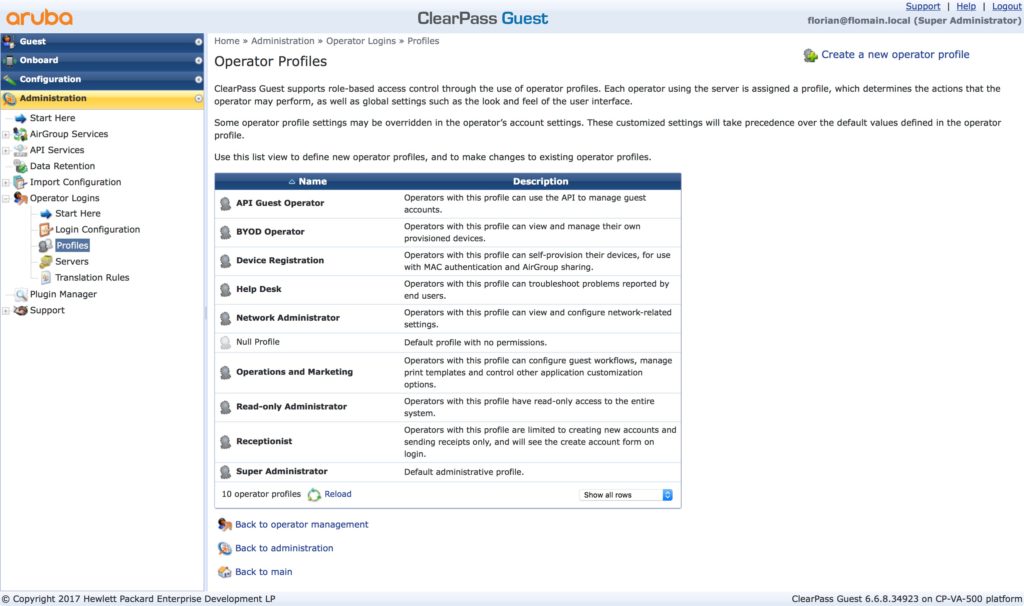 ClearPass Guest Operator Login - Operator Profiles