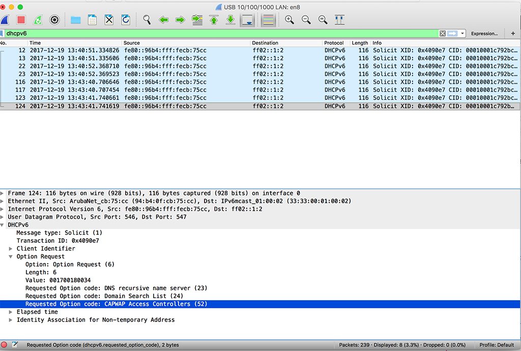 Unified Aruba Controller Discovery - IPv6 Option 52