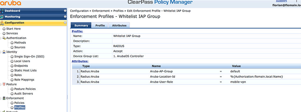 IAP VPN - Enforcement Profile in ClearPass