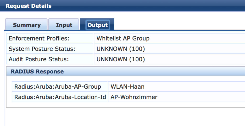 Output Details from ClearPass