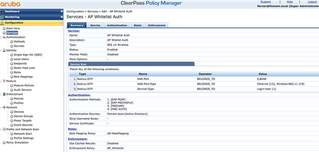 Whitelist Service in ClearPass